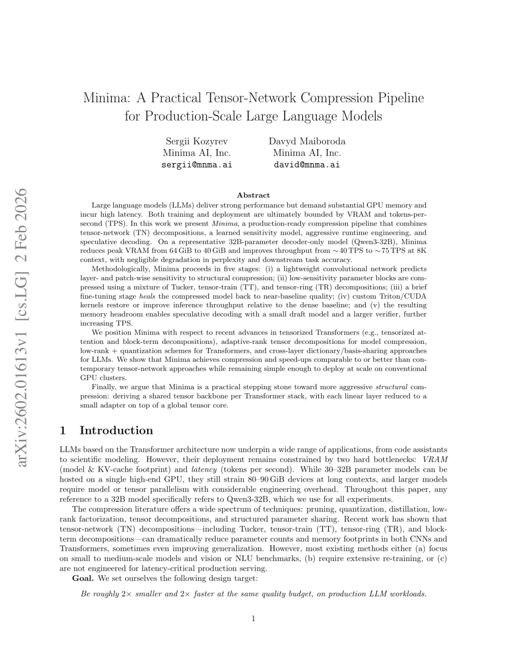 First page of the Minima tensor-network compression paper